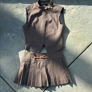 Brown Gingham Pleated Skirt and Vest Set